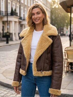 Brown Faux Leather Shearling Aviator Jacket with Honey Faux Sheepskin Trim